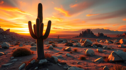 A vibrant desert landscape at sunset, where the silhouette of a cactus is cast against a fiery orange and red sky with a beautiful reflection of the sun on the horizon