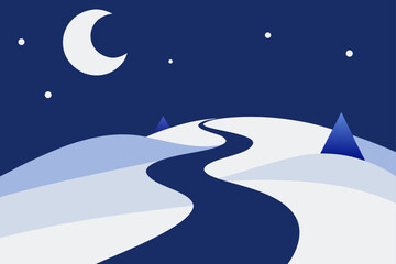Fototapeta premium Stylized winter night landscape with winding path and crescent moon