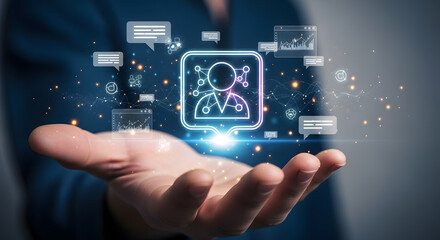 Futuristic telehealth concept with a person's hand holding a glowing digital doctor icon for virtual medical consultation.