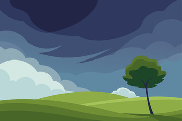 Obraz premium Stylized landscape with rolling green hills and a dramatic cloudy sky