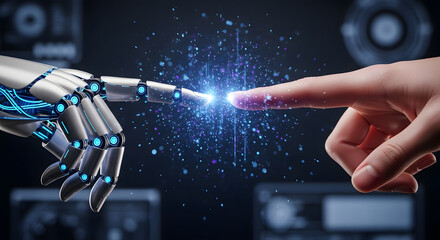 The creation of artificial intelligence. A robot hand and human hand connect, symbolizing the future of technology and human-machine partnership.