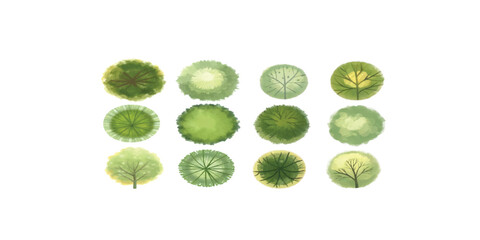 Print  set of tree top view for landscape plan and architecture element. Trees plan.