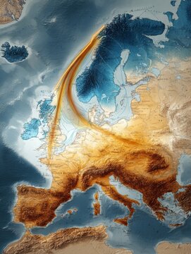 Visualization of Geographic Features and Elevation Across Europe Showcasing Detailed Topography and Mountainous Regions With Clear Labels