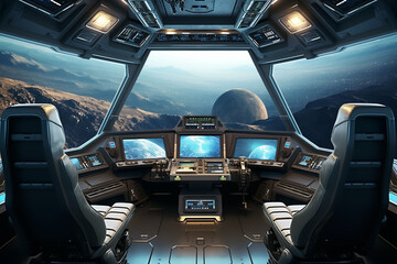 3D rendering elements of spaceship interior with view on Earth.
