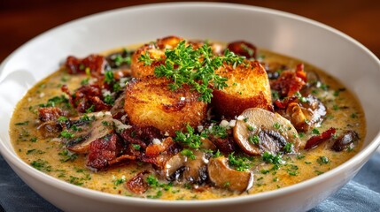Creamy Mushroom Soup with Crispy Croutons, Bacon and Fresh Thyme