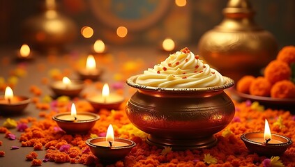 "Golden pot filled with makhan (butter) spilling over, surrounded by ringing temple bells, marigold flowers, oil lamps, and colorful rangoli patterns, festive Janmashtami celebration background"

