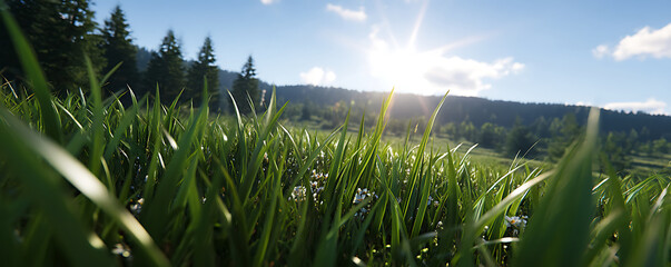 Low angle view of a lush green meadow with a sunlit forest background.