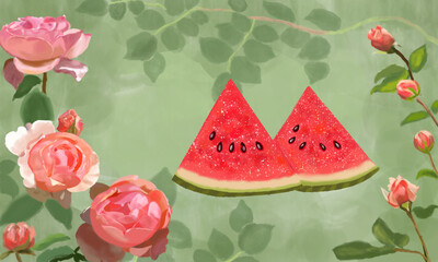 pink rose and  watermelon on green background