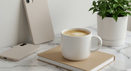 A serene and minimalist morning scene with a full mug of coffee on a desk