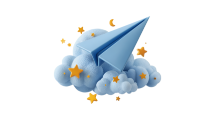 Paper airplane soaring on a dreamy cloud night sky