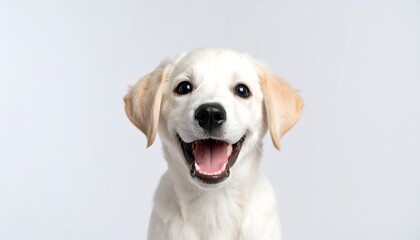 Happy, fluffy puppy smiling against a light grey background