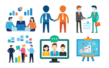 Obraz premium Vector art of business collaboration and teamwork with handshake, meeting, presentation, and data analysis, symbolizing partnership and success