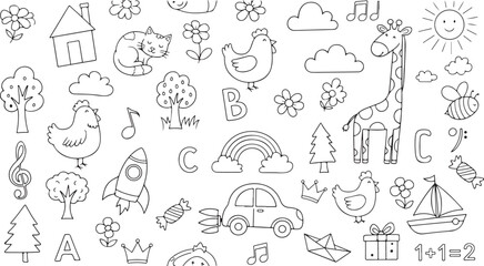 Black and white doodle image with house, flowers, cat, chicken, letters, giraffe, sun, rainbow, and car.