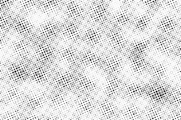 Grunge halftone gradient background. Faded grit noise texture. White and black sand wallpaper. Retro pixelated backdrop. Anime or manga style comic overlay. Vector graphic design textured template.