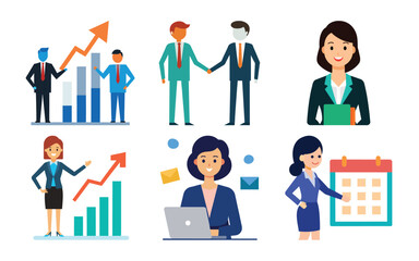 Vector art of business professionals engaged in activities like handshaking, presenting growth charts, and calendar planning, isolated on white background