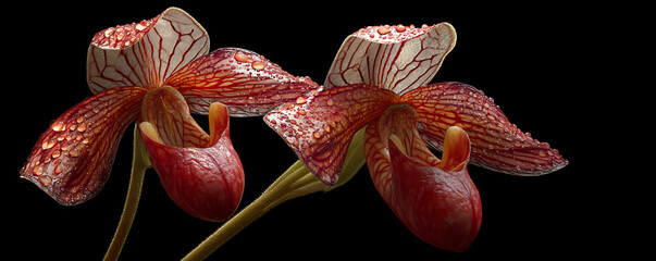 A beautiful pair of exotic lady's slipper orchids with intricate red patterns on black