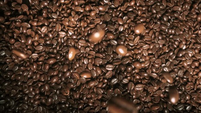 Coffee Beans Motion Showcasing Rich Brown Color and Glossy Texture, Falling with Energy and Freshness, Evoking Warmth and Aroma for Coffee Enthusiasts and Capturing Essence of Freshly