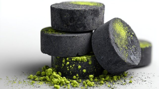 Stack of terbium oxide TbO pellets showcasing matte charcoal and lime green highlights