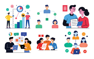 Vector art of diverse team collaborating on business strategy and project planning with charts and data analysis in a modern office setting