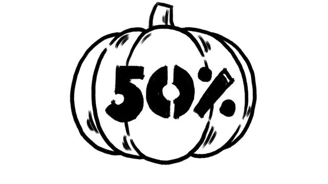 Horizontal 4K video. Hand drawn line art black and white loop animation. Jack Lantern with face rotates. 50%. Concept of halloween sale, discount, autumn holiday, 31 october, fear, fall, 11 november