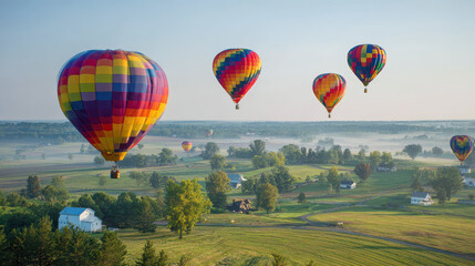 Fototapeta premium Aerial Adventure: Vivid hot air balloons soar serenely over a verdant landscape, painting a colorful panorama of adventure and freedom.