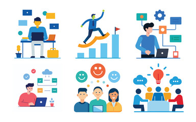 Vector art of diverse business people collaborating on projects, achieving success, and engaging in productive teamwork in modern office settings