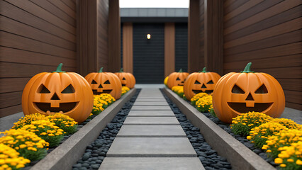 Obraz premium Row of carved halloween pumpkins with spooky faces lining a pathway flanked by yellow flowers and wooden walls