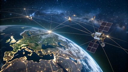 Satellite orbiting earth providing global communication network coverage
