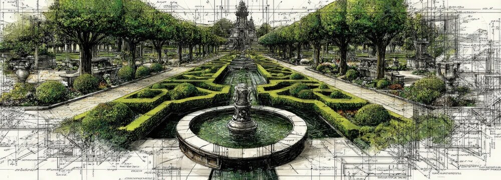 Formal garden plan featuring clipped boxwood parterres and gravel walkways in daylight