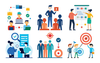 Vector art of business team focused on achieving targets and objectives through strategic planning and effective collaboration in a professional environment
