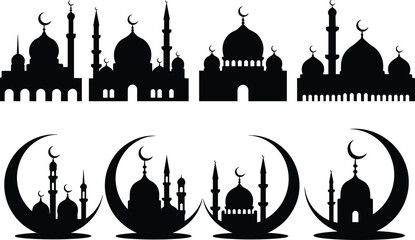Islamic mosque silhouette, crescent moon background, Ramadan celebration, Eid Mubarak decoration, Muslim architecture, holy mosque, flat vector illustration, black design