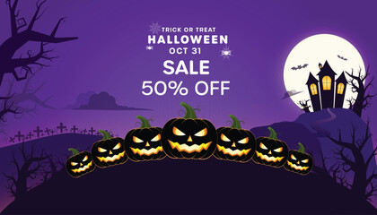 Halloween Flash Sale banner with 50% off discount. Spooky marketing promotion template for retail advertising, social media posts, and holiday offers with pumpkins and a haunted house.