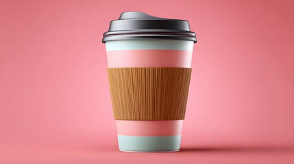 Stylish Eco-Friendly Coffee Cup with Pink and Teal Colors and Textured Wooden Sleeve