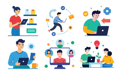 Vector art of diverse team of professionals collaborating effectively using technology and digital tools for project success and business growth