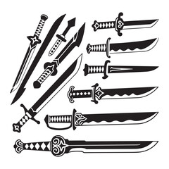 A black and white illustration of 15 different sword designs arranged in a diagonal pattern on white background.