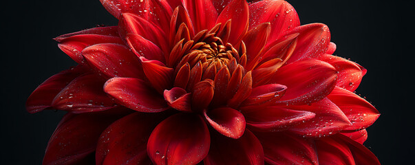 Elegant close-up of a crimson dahlia blossom with water drops on a dark background.