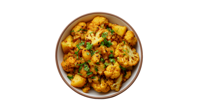 Aloo Gobi Indian dish cauliflower potatoes spices herbs bowl