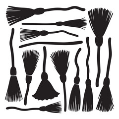  A black and white illustration of a collection of witch brooms on white background. 