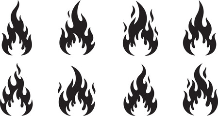 Black fire flames set, illustration. Fire design elements on a white background.