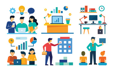 Vector art of diverse team collaborating on business strategy and project planning with data analysis and brainstorming sessions in a modern office setting
