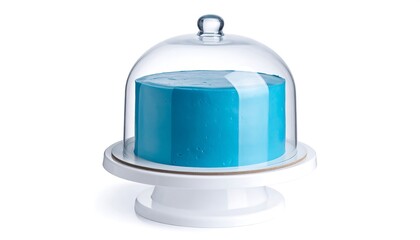 Obraz premium Vibrant blue cake in glass dome on white stand