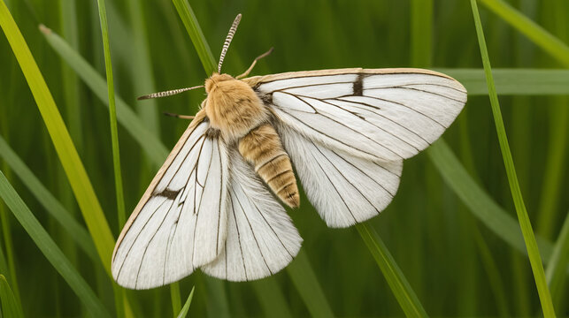 Closeup on Lewes Wave geometer moth, Scopula immorata, with spread wings in a grassland