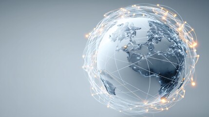 Blue globe with reflection on water against a blue background, a concept of global communication and digital network technology