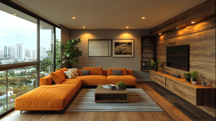 Fototapeta premium Showcase a small art deco space with warm lighting and deep color accents