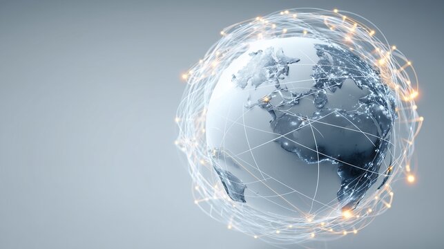 Blue globe with reflection on water against a blue background, a concept of global communication and digital network technology