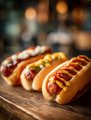 Three pieces of bread and sausages are lined up on a wooden table