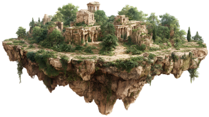 Fantasy floating island with ancient ruins and lush greenery isolated on transparent background