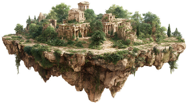 Fantasy floating island with ancient ruins and lush greenery isolated on transparent background