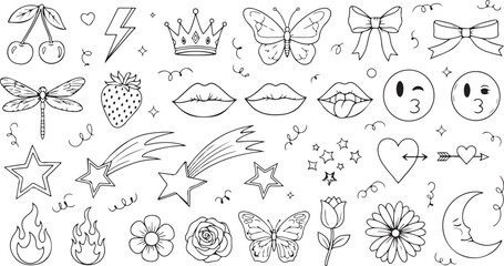Doodle elements vector illustration with cherry, strawberry, heart, lips, fire, butterfly and flowers
