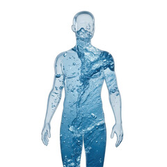 Human form composed of flowing water isolated on transparent background
